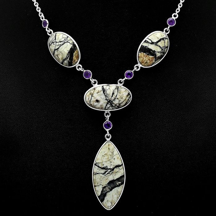 Authentic White Buffalo Turquoise Nevada and Amethyst Necklace SDN1964 N-1023, 16x34 mm