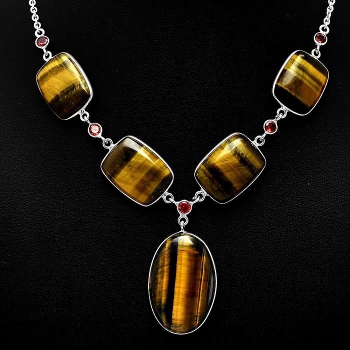 Blue Tiger Eye and Garnet Necklace SDN1974 N-1022, 20x30 mm