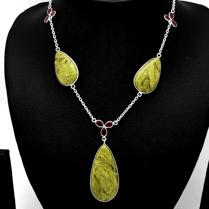 Green Opal Madagascar and Garnet Necklace SDN1986 N-1021, 21x39 mm