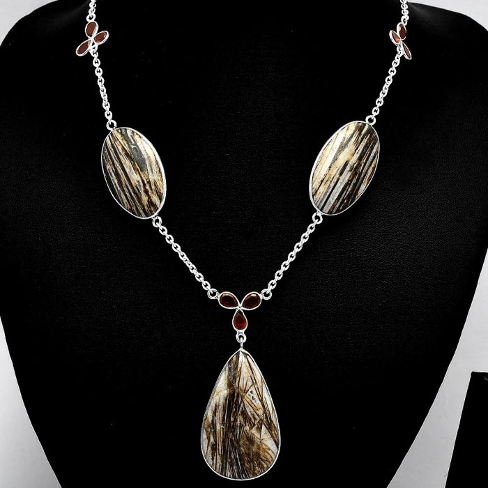 Stick Agate and Garnet Necklace SDN1990 N-1021, 22x36 mm