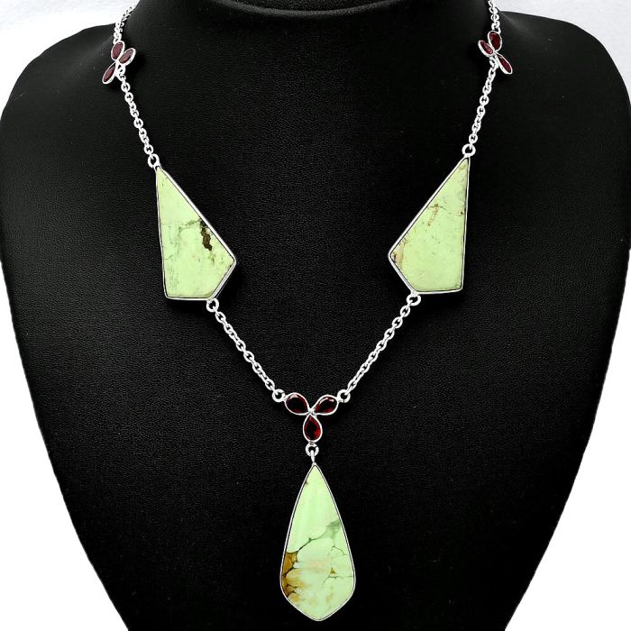 Lemon Chrysoprase and Garnet Necklace SDN2004 N-1021, 17x36 mm