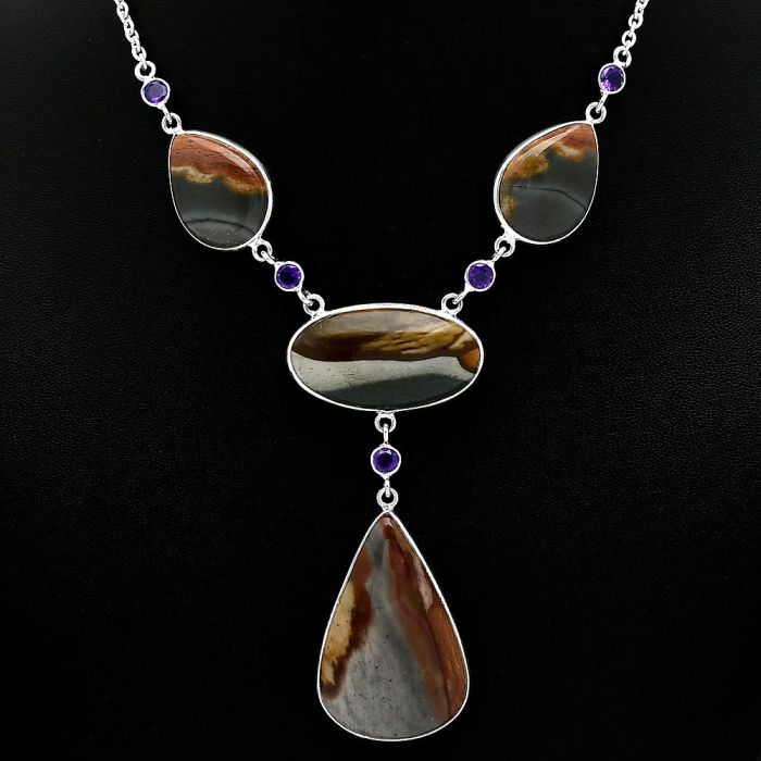 Polygram Jasper and Amethyst Necklace SDN2030 N-1023, 22x34 mm