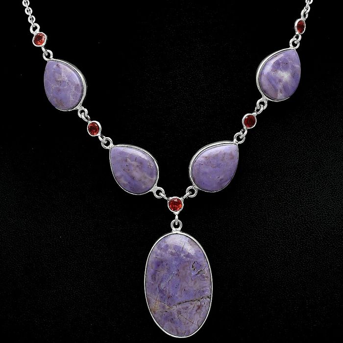 Lavender Jade and Garnet Necklace SDN2037 N-1022, 19x29 mm