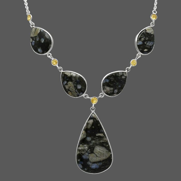 Llanite Blue Opal Crystal Sphere and Citrine Necklace SDN2045 N-1022, 23x39 mm