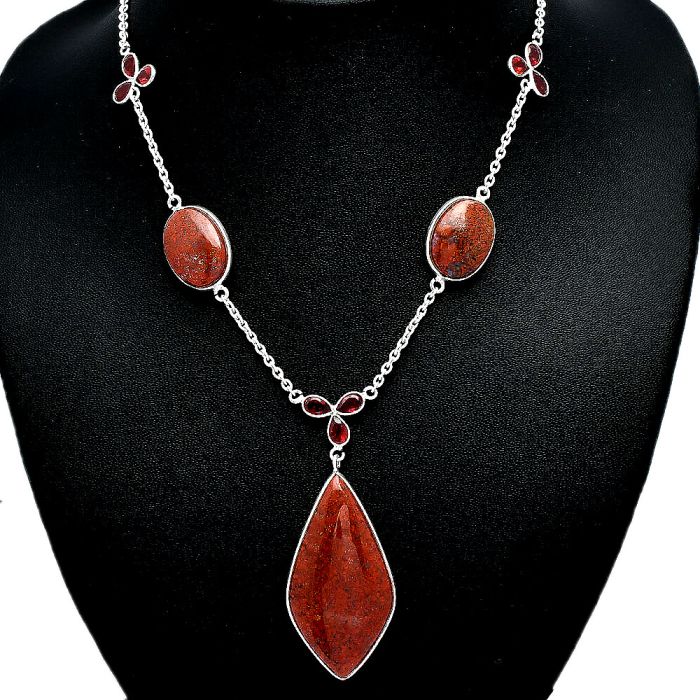 Red Moss Agate and Garnet Necklace SDN2050 N-1021, 22x42 mm