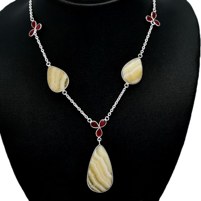 Yellow Aragonite and Garnet Necklace SDN2052 N-1021, 17x34 mm