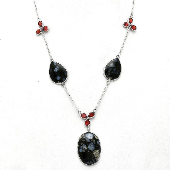 Llanite Blue Opal Crystal Sphere and Garnet Necklace SDN2056 N-1021, 19x27 mm