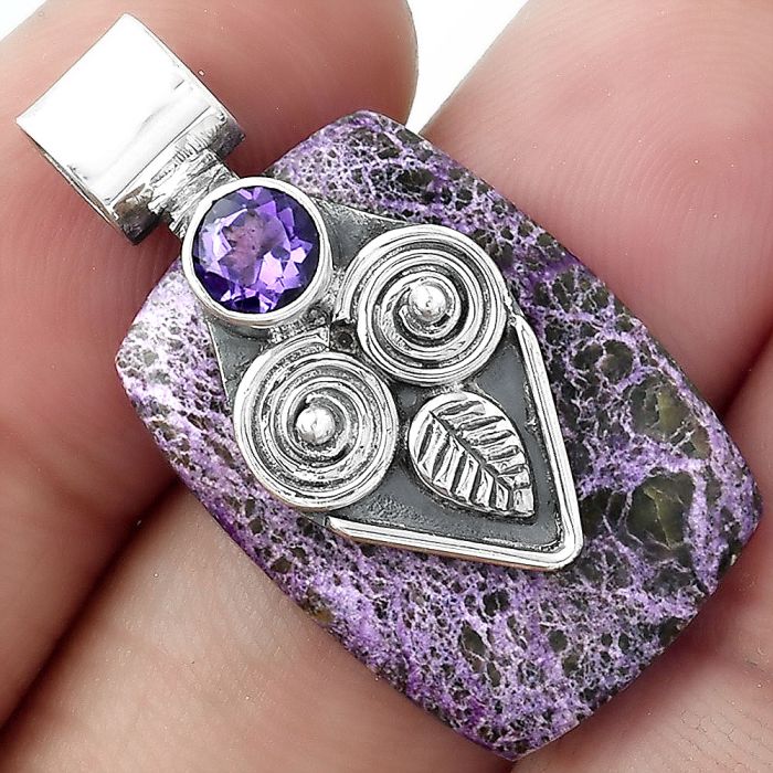 Owl - Natural Purpurite & Amethyst Pendant SDP100635 P-1649, 16x24 mm