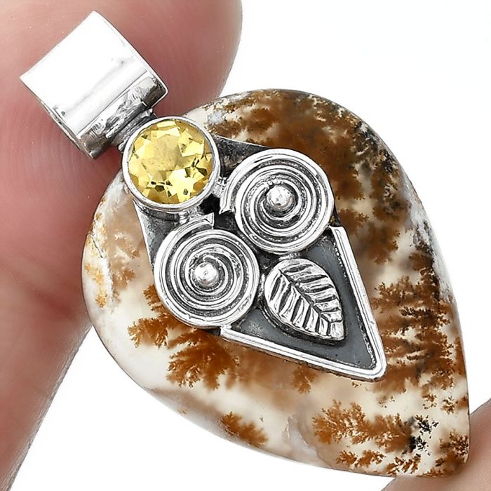 Owl - Robinson Ranch Plume Agate & Citrine Pendant SDP100656 P-1649, 21x27 mm