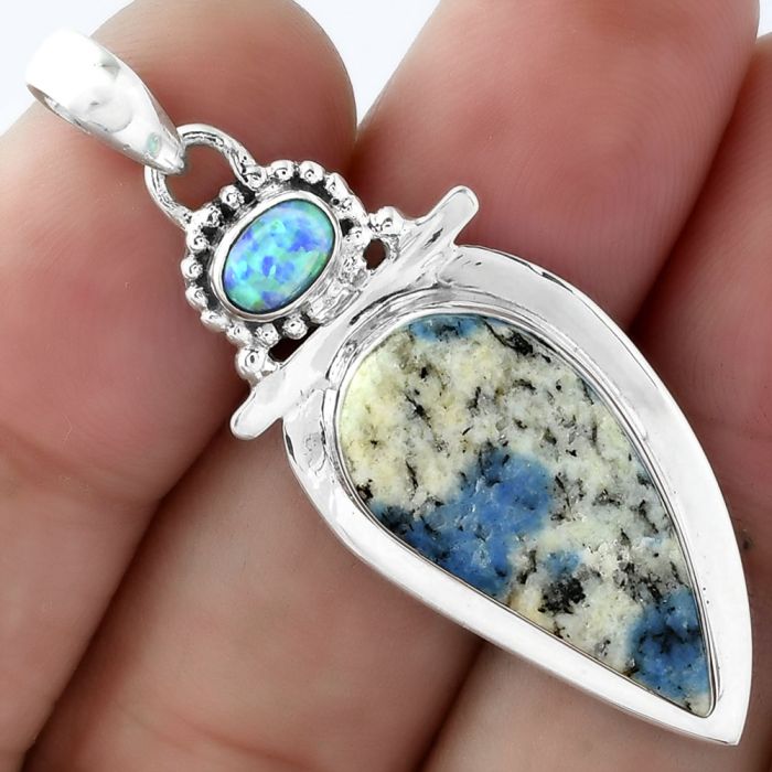 K2 Blue - Azurite In Quartz & Fire Opal Pendant SDP100763 P-1289, 11x23 mm