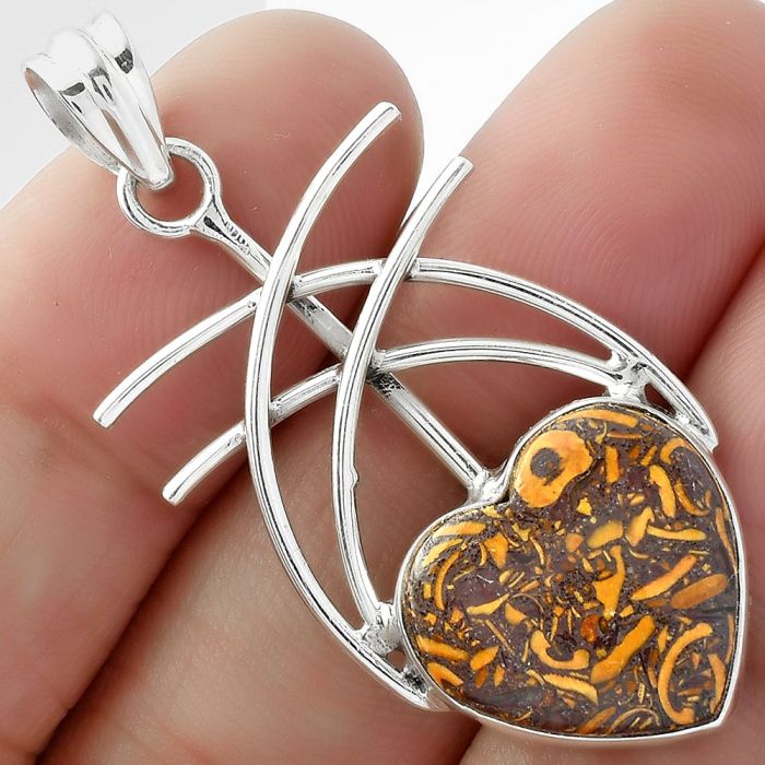 Valentine Gift Heart Coquina Fossil Jasper - India Pendant SDP103038 P-1010, 16x16 mm