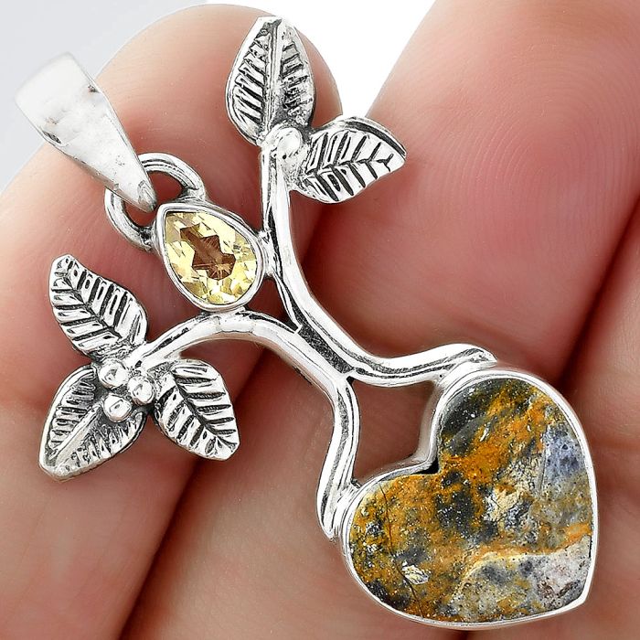 Tree of Life - Heart Indian Blanket Jasper & Citrine Pendant SDP103070 P-1420, 13x14 mm