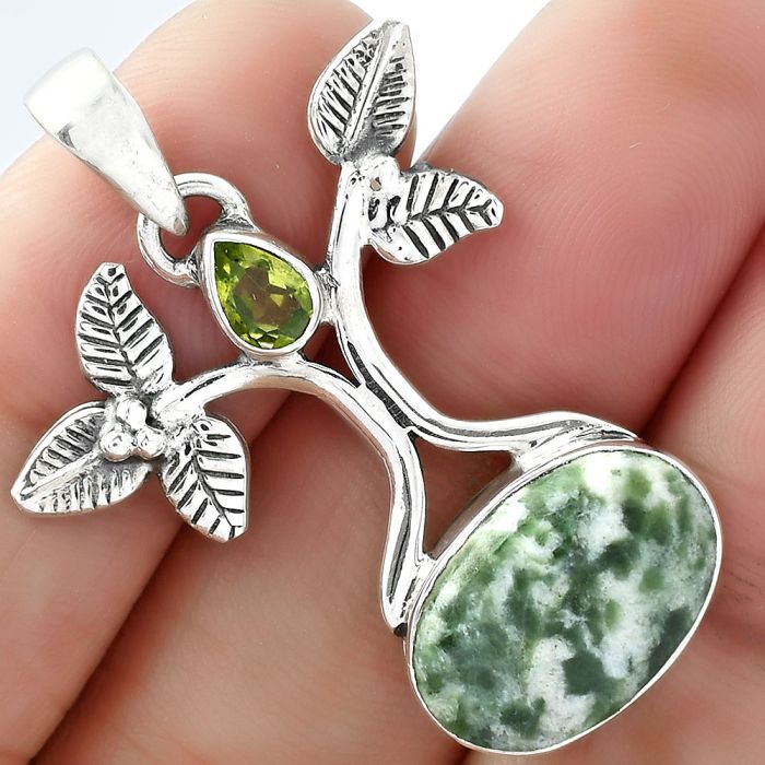 Tree of Life - Dioptase & Peridot Pendant SDP103073 P-1420, 11x15 mm