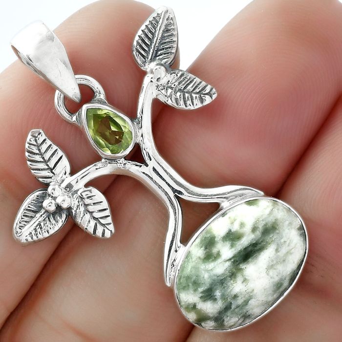 Tree of Life - Dioptase & Peridot Pendant SDP103083 P-1420, 11x15 mm