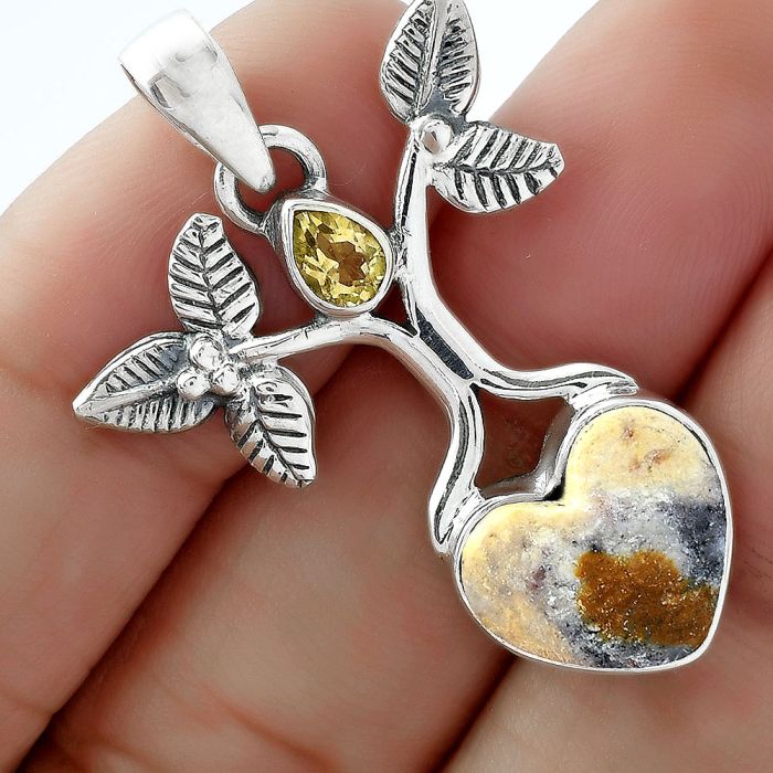 Tree of Life - Heart Indian Blanket Jasper & Citrine Pendant SDP103101 P-1420, 12x14 mm