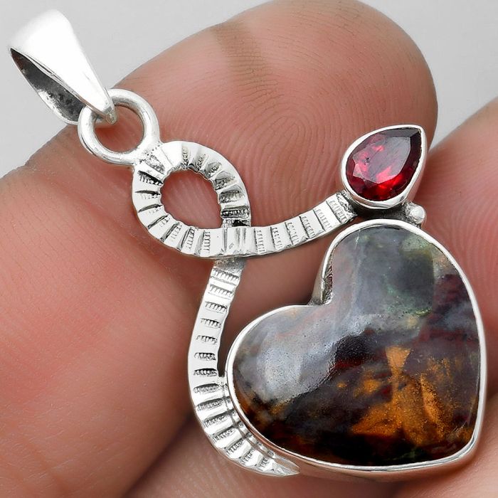 Valentine Gift Heart Purple Cow Jasper & Garnet Pendant SDP104189 P-1111, 16x17 mm