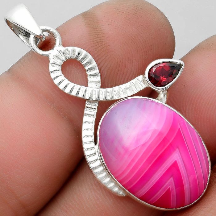 Natural Pink Botswana Agate & Garnet Pendant SDP104216 P-1111, 15x20 mm