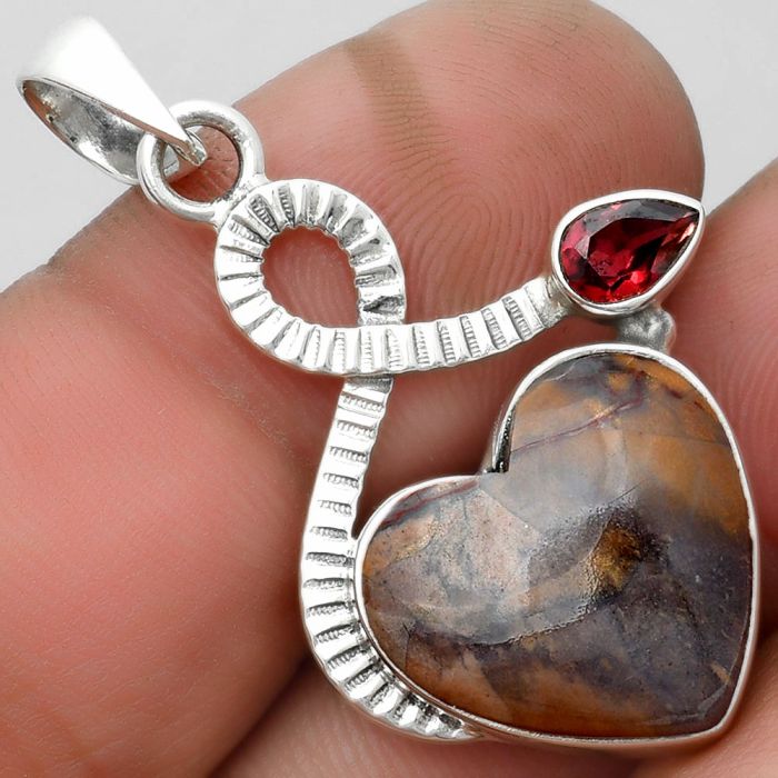 Valentine Gift Heart Purple Cow Jasper & Garnet Pendant SDP104217 P-1111, 16x17 mm