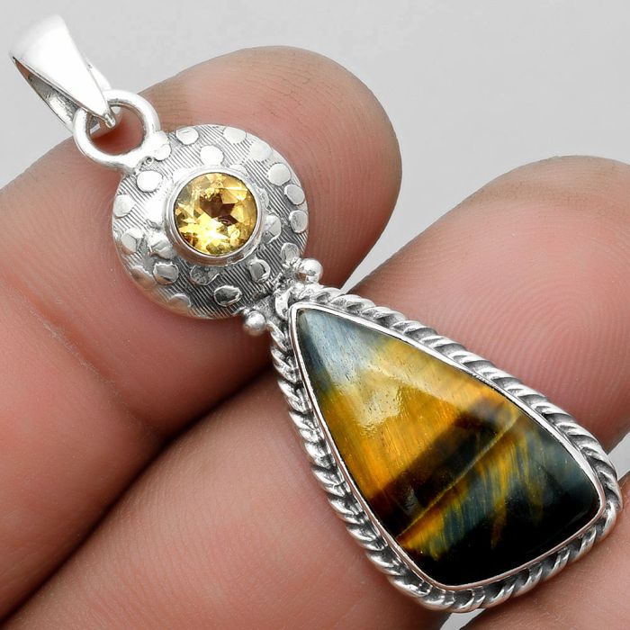 Natural Blue Tiger Eye & Citrine Pendant SDP104288 P-1299, 11x22 mm