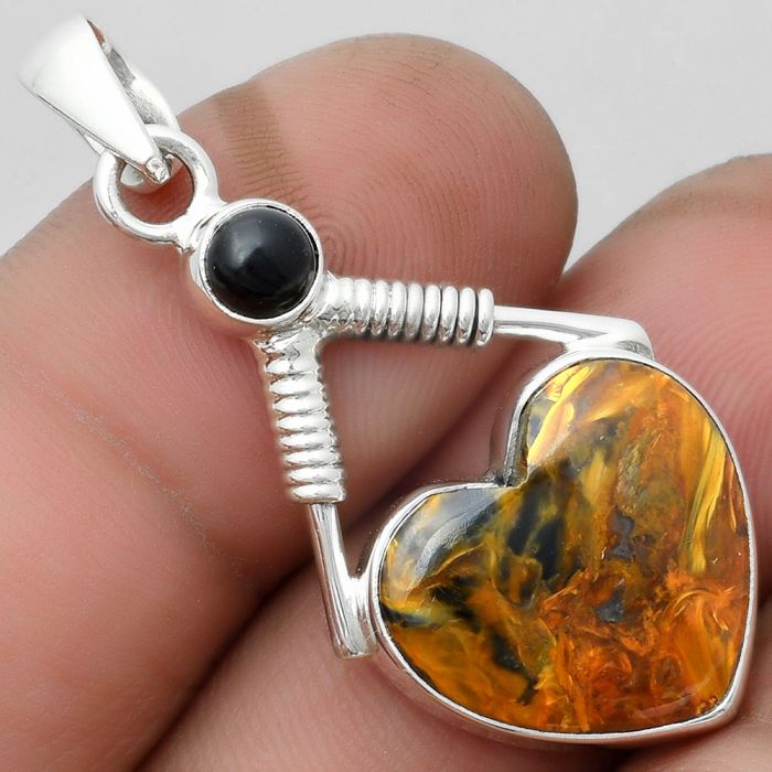 Valentine Gift Heart Pietersite - Namibia & Black Onyx Pendant SDP104330 P-1600, 16x17 mm