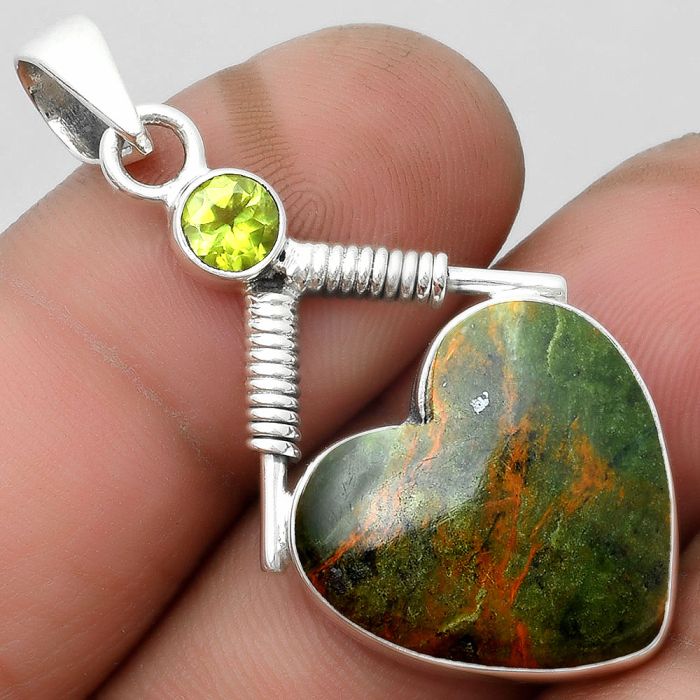 Valentine Gift Heart Turkish Rainforest Chrysocolla & Peridot Pendant SDP104340 P-1600, 19x19 mm