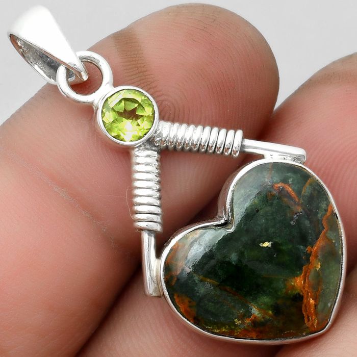 Valentine Gift Heart Turkish Rainforest Chrysocolla & Peridot Pendant SDP104344 P-1600, 16x18 mm