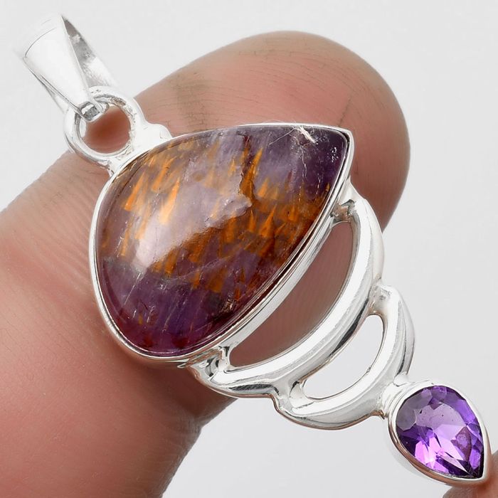 Cacoxenite Super Seven 7 Mineral & Amethyst Pendant SDP104809 P-1693, 12x19 mm