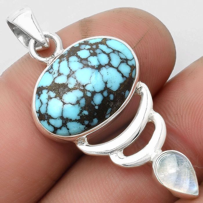 Lucky Charm Tibetan Turquoise & Rainbow Moonstone Pendant SDP104821 P-1693, 13x18 mm