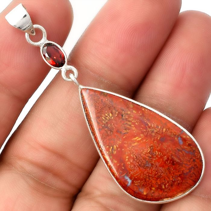 Natural Red Moss Agate & Garnet Pendant SDP104952 P-1098, 18x32 mm