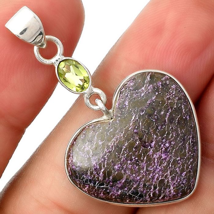 Valentine Gift Heart Natural Purpurite & Peridot Pendant SDP104980 P-1098, 21x22 mm