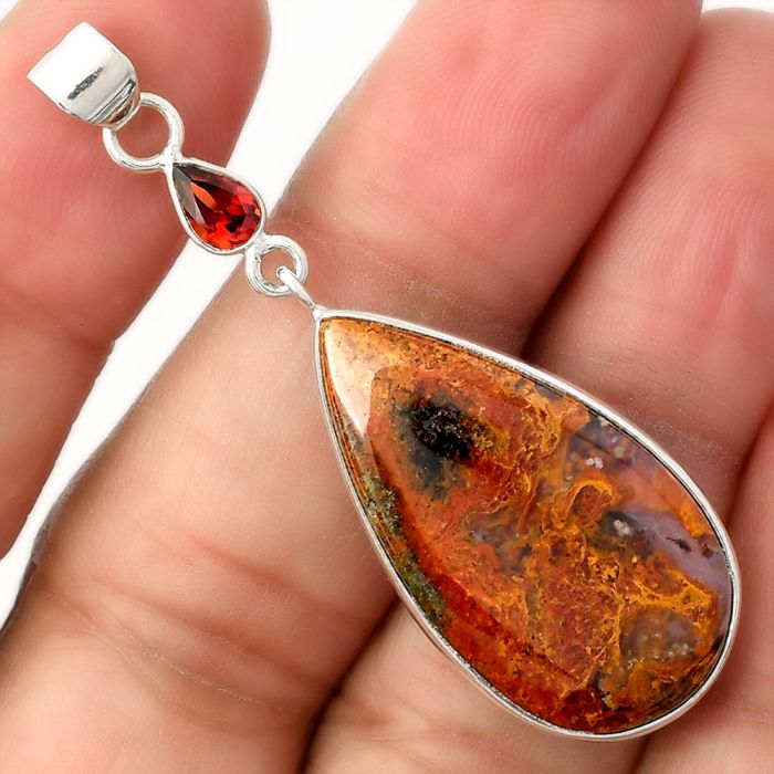 Natural Red Moss Agate & Garnet Pendant SDP104984 P-1098, 16x30 mm