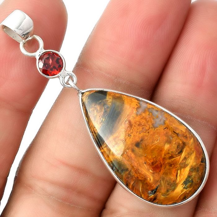 Natural Pietersite - Namibia & Garnet Pendant SDP104993 P-1098, 16x29 mm