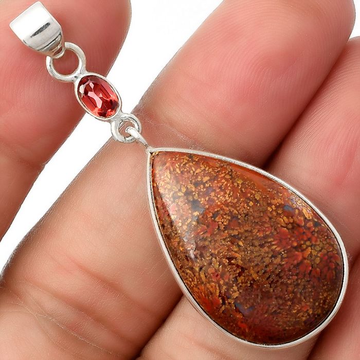 Natural Red Moss Agate & Garnet Pendant SDP105005 P-1098, 17x27 mm