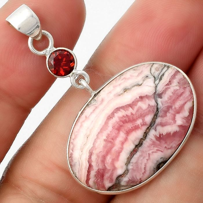 Rhodochrosite Argentina & Garnet Pendant SDP105010 P-1098, 18x27 mm