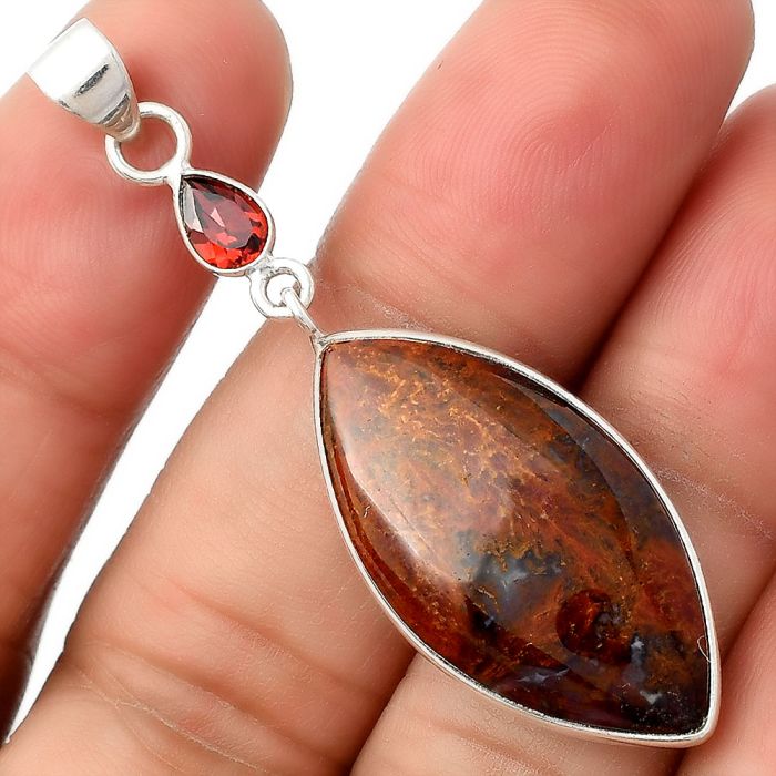 Natural Red Moss Agate & Garnet Pendant SDP105033 P-1098, 15x29 mm