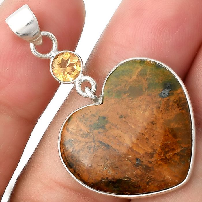 Valentine Gift Heart Turkish Rainforest Chrysocolla & Citrine Pendant SDP105059 P-1098, 22x23 mm