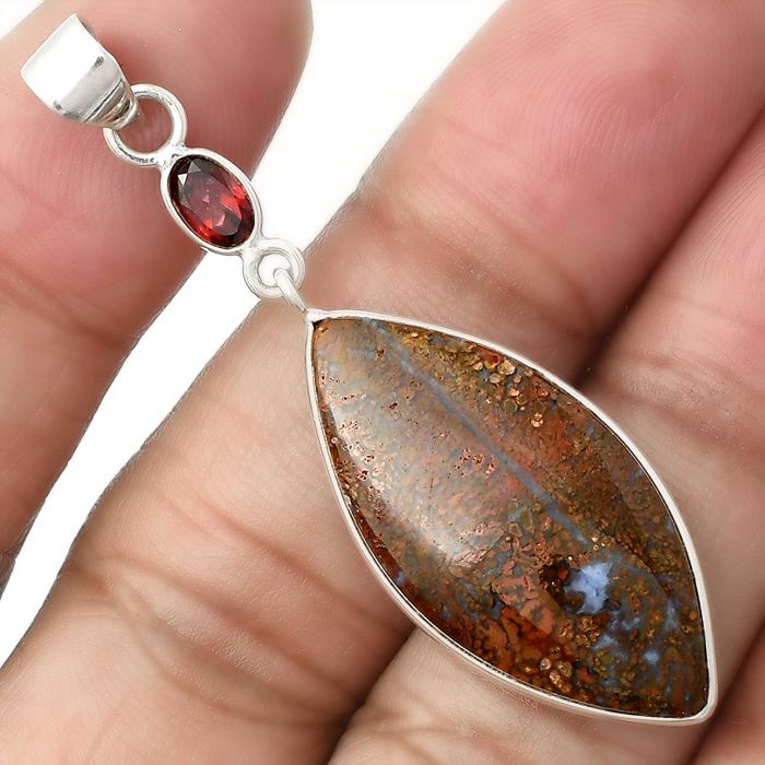 Natural Red Moss Agate & Garnet Pendant SDP105118 P-1098, 15x30 mm