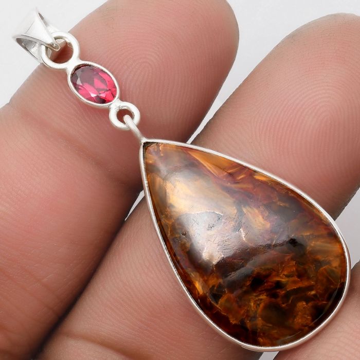 Natural Pietersite - Namibia & Garnet Pendant SDP105184 P-1098, 18x29 mm