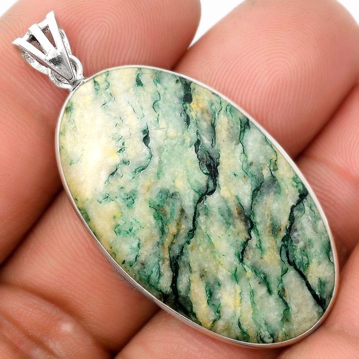 Green Mariposite 925 Sterling Silver Pendant Jewelry SDP105882 P-1001, 22x37 mm