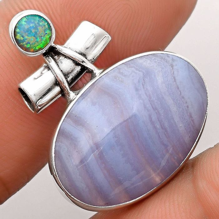 Natural Blue Lace Agate & Fire Opal Pendant SDP106264 P-1159, 15x23 mm