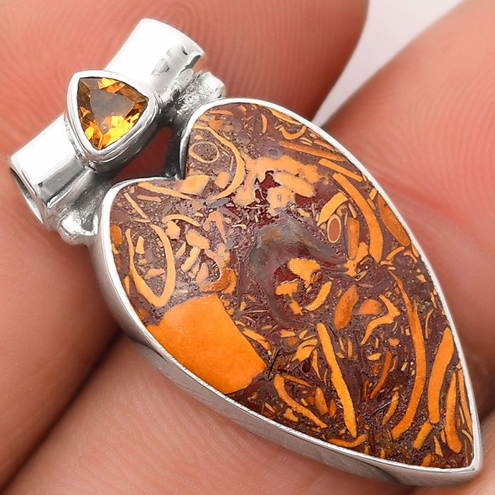 Valentine Gift Heart Coquina Fossil Jasper & Citrine Pendant SDP106323 P-1300, 15x24 mm