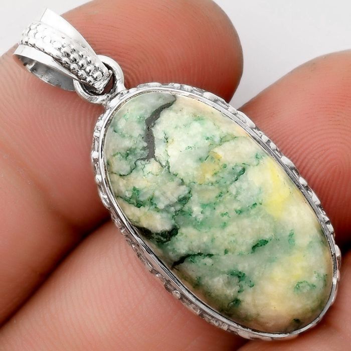 Green Mariposite 925 Sterling Silver Pendant Jewelry SDP106755 P-1060, 14x27 mm