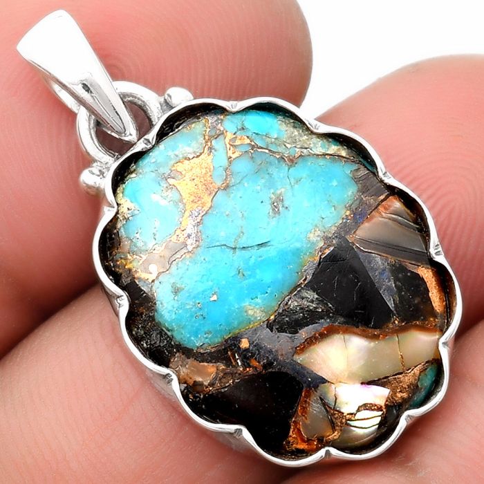 Natural Shell In Black Blue Turquoise Pendant SDP107084 P-1555, 18x22 mm