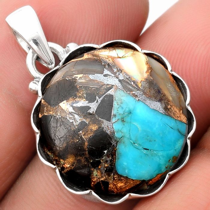 Natural Shell In Black Blue Turquoise Pendant SDP107096 P-1555, 19x19 mm