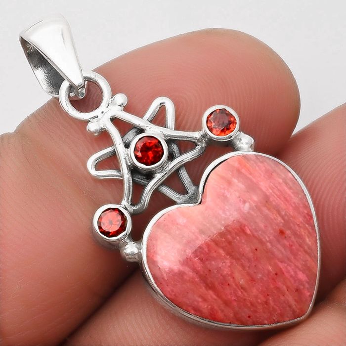 Valentine Gift Star - Heart Pink Tulip Quartz & Garnet Pendant SDP107486 P-1095, 17x17 mm