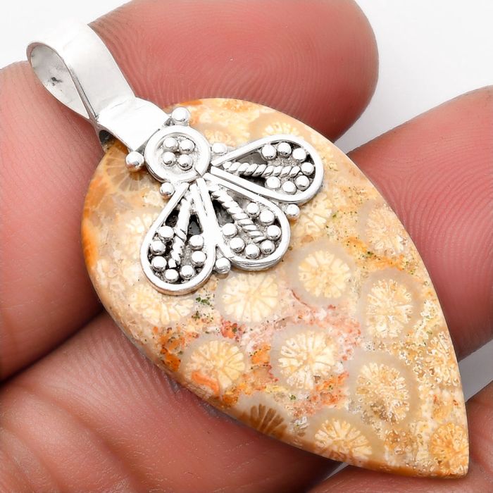 Natural Flower Fossil Coral Pendant SDP107627 P-1469, 22x37 mm