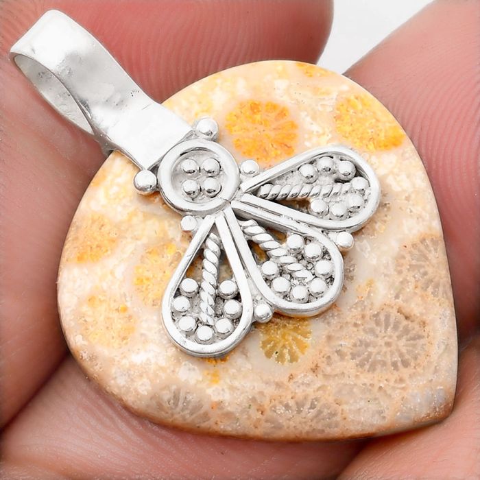 Natural Flower Fossil Coral Pendant SDP107636 P-1469, 25x26 mm