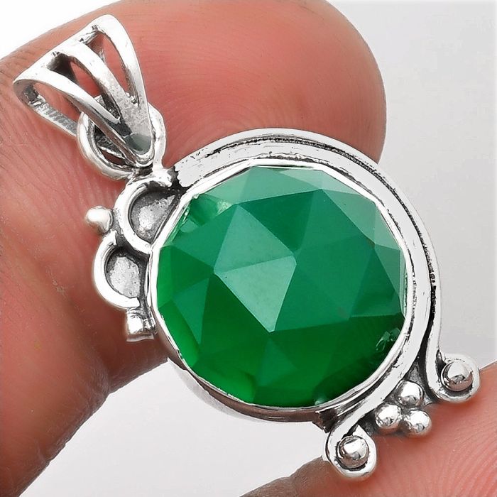 Faceted Natural Green Onyx Pendant SDP107842 P-1019, 14x14 mm