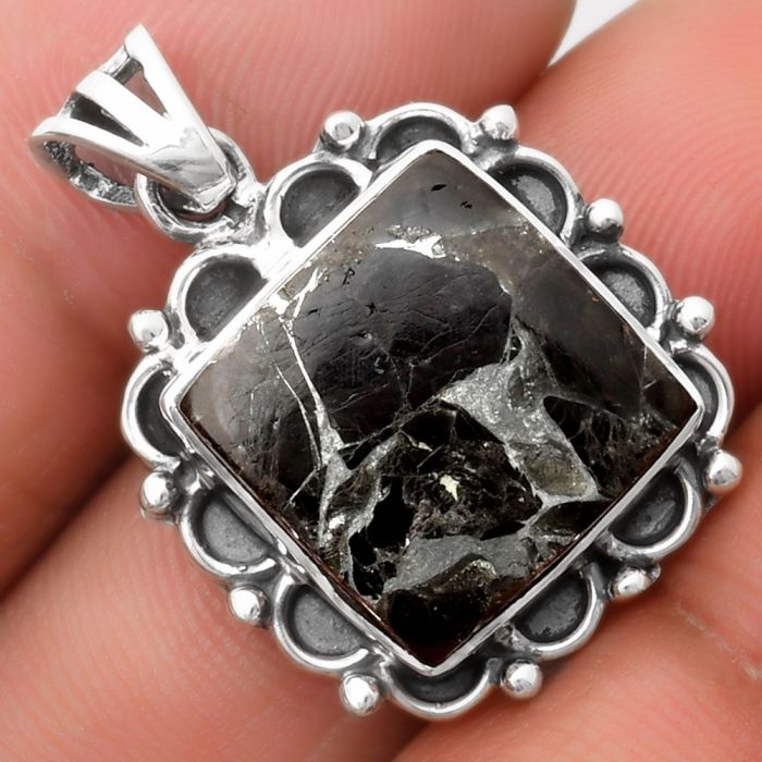 Natural Obsidian And Zinc Pendant SDP109041 P-1080, 14x14 mm