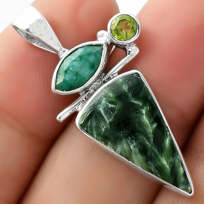 Russian Seraphinite, Emerald Quartz & Peridot Pendant SDP109567 P-1708, 11x20 mm